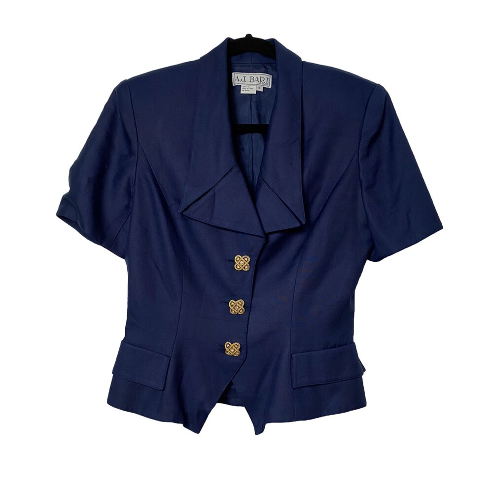 AJ Bari Blue Top Peplum Blouse 100% Silk Size 8 Vintage Style 80s Top